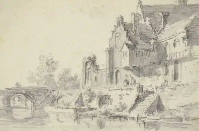 Hus vid vattnet till höger med trappa, över vattnet två stenbroar av Jan van Goyen