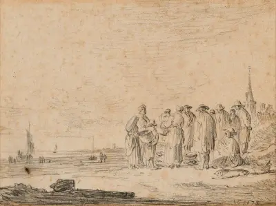 Återkomst från fiske vid strandkanten, en kyrkklocka i bakgrunden av Jan van Goyen