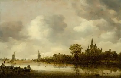 Flodlandskap med kyrka i fjärran av Jan van Goyen