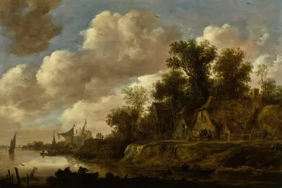 Flodlandskap med bondgårdar och ett duvslag på en hög strandkant av Jan van Goyen