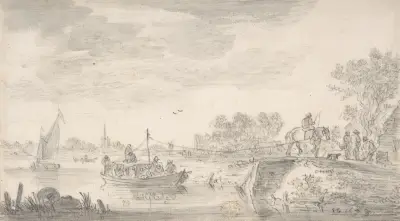 Flodscen med bogserbåt av Jan van Goyen