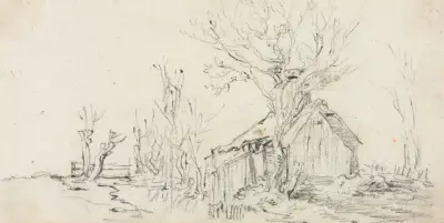 Skiss av landskap med stuga av Jan van Goyen