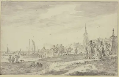 Strand med vagn och många figurer av Jan van Goyen