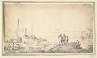 Tre figurer på en dyn med utsikt över vik och fartyg av Jan van Goyen