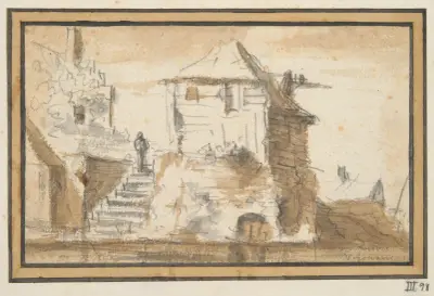 Två byggnader med trappa av Jan van Goyen
