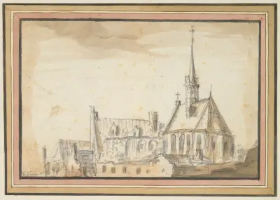 Vy över en kyrka och andra byggnader av Jan van Goyen