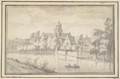 Utsikt över slott och hus vid floden av Jan van Goyen