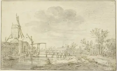 Väderkvarn på en mur till vänster, med en vindbrygga över en bäck av Jan van Goyen