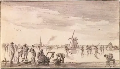 Vinterlandskap med skridskoåkare och fiskare av Jan van Goyen