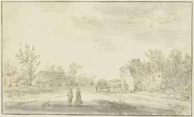 Två figurer och en hund framme på en väg, till höger en kärra vid en gård, bortom träd av Jan van Goyen