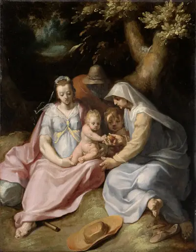 Taufe Christi; Die Heilige Familie mit der Heiligen Elisabeth und dem Johannesknaben im Walde av Cornelis Cornelisz Van Haarlem