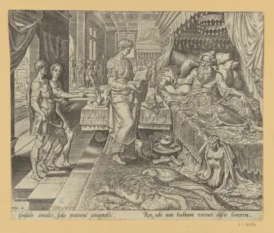 Ahasuerus konsultiert das Buch der Chronik von Maarten Van Heemskerck