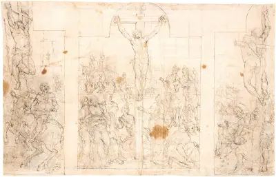 Förstudie till en tredelad altartavla föreställande korsfästelsen av Maarten Van Heemskerck
