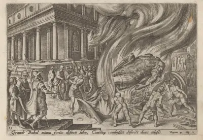 Jehu förstör Baals tempel och staty av Maarten Van Heemskerck