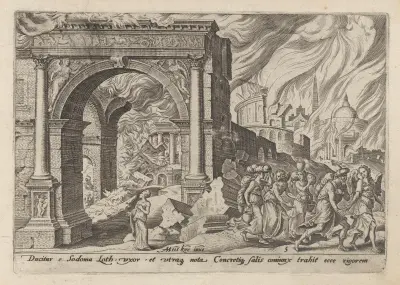 Lot and His Family Leaving the Burning Sodom av Maarten Van Heemskerck