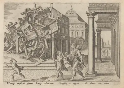 Simson befriad ur fängelset och förstör filistéernas tempel av Maarten Van Heemskerck