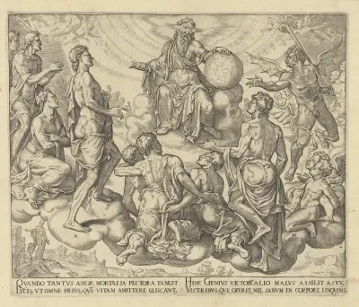 Satan fordert den Herrn heraus, seinen Schutz von Hiob zu nehmen von Maarten Van Heemskerck