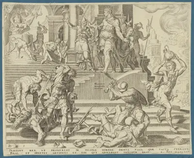 Förstörelsen av Baals tempel och mordet på hans präster av Maarten Van Heemskerck