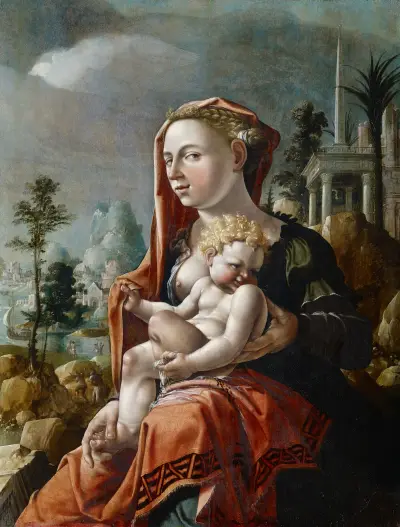 Jungfrau mit Kind vor einer Landschaft von Maarten Van Heemskerck