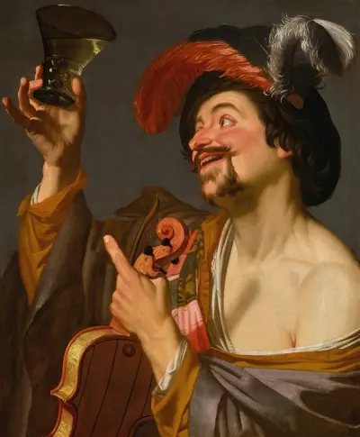 En glad violinist med en roemer av Gerard van Honthorst