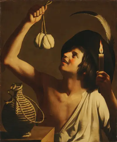Ung man med brinnande ljus och scamorzaost, en fiascoflaska bredvid av Gerard van Honthorst