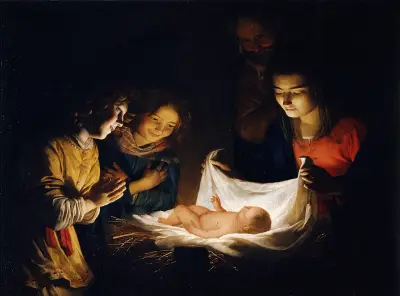 Tillbedjan av barnet av Gerard van Honthorst