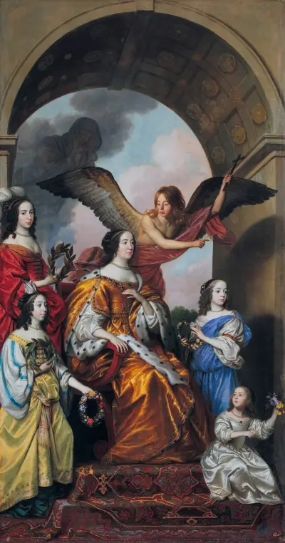 Amalia och hennes döttrar ser på Fredrik Hendriks triumf av Gerard van Honthorst