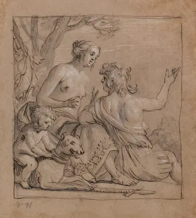 Mars and Venus in a Landscape with Eros Riding a Hound av Gerard van Honthorst