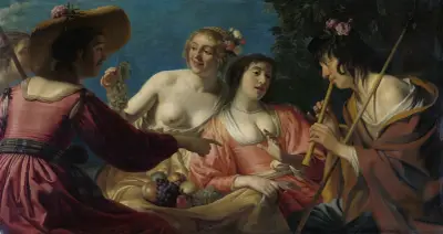 Shepherd Playing the Flute,and four Shepherdesses av Gerard van Honthorst
