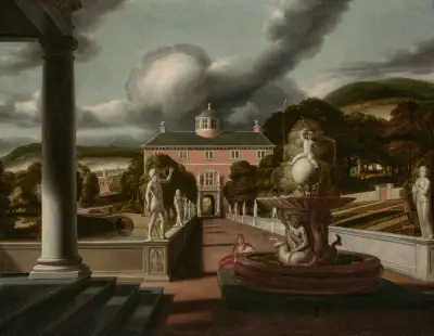 A view from a villa, with a woman seated at a fountain and an avenue of statues av Samuel van Hoogstraten