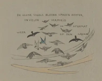 De kleine vogels bleven spoedig achter en vielen vermoeid en afgemat weer op den grond av Theo van Hoytema
