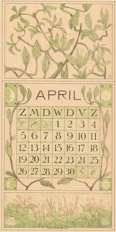 Kalenderblad april med blad av Theo van Hoytema