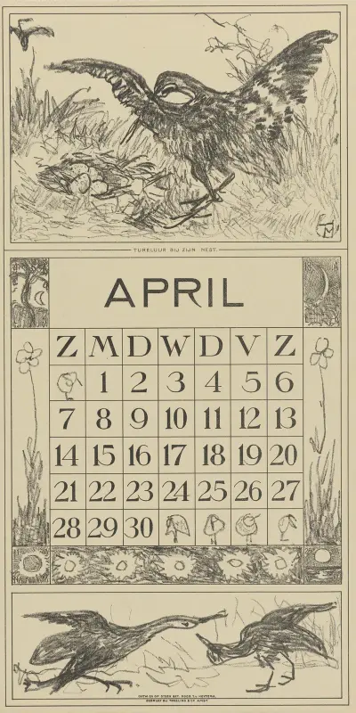 Kalenderblad april met tureluur av Theo van Hoytema