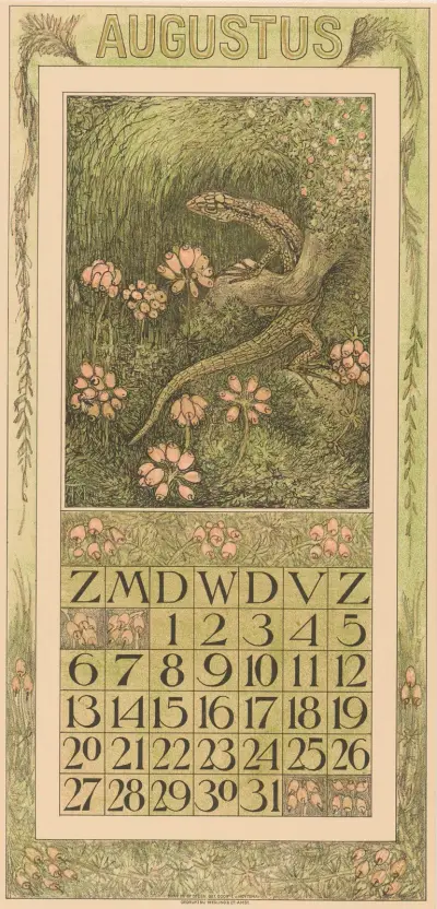 Kalenderblatt August mit Eidechse und Heidekraut von Theo van Hoytema