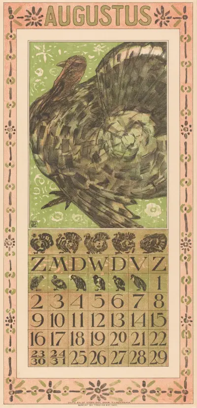 Kalenderblad augustus met kalkoen av Theo van Hoytema