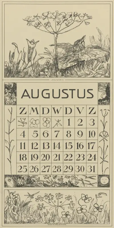 Kalenderblad augusti med lärka och blomma av Theo van Hoytema