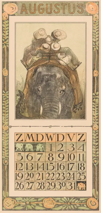 Kalenderblad augustus met olifant av Theo van Hoytema
