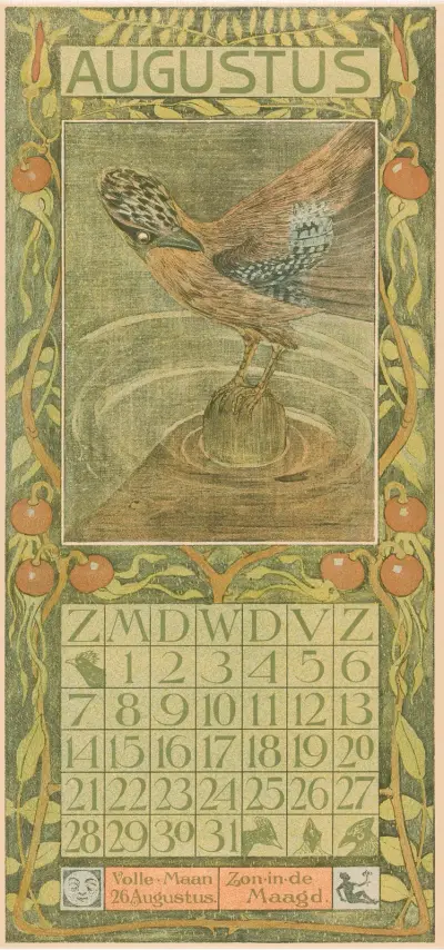 Kalenderblad augustus met Vlaamse gaai av Theo van Hoytema