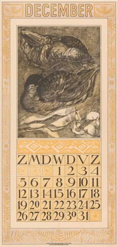 Kalenderblatt Dezember mit zwei schlafenden Enten von Theo van Hoytema