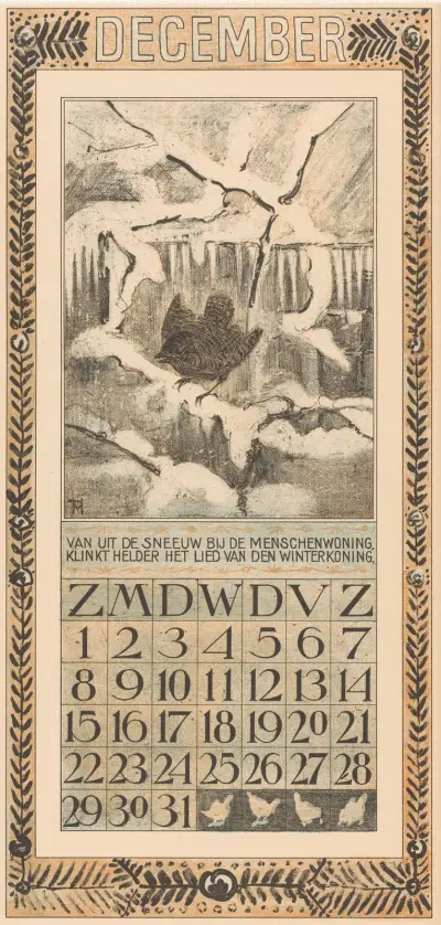 Kalenderblad december met winterkoninkje av Theo van Hoytema