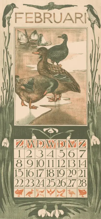 Kalenderblad februari met eenden, 1902 av Theo van Hoytema