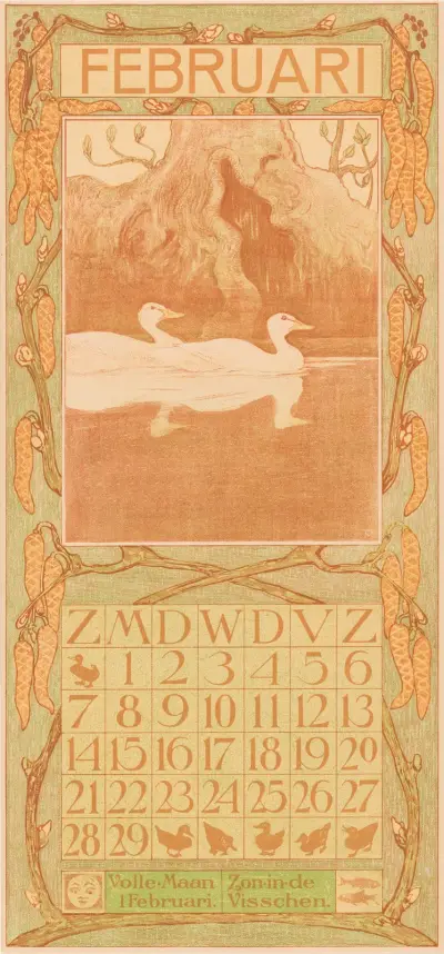 Kalenderblad februari met eenden, 1903 av Theo van Hoytema