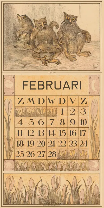 Kalenderblad februari met lemuren av Theo van Hoytema