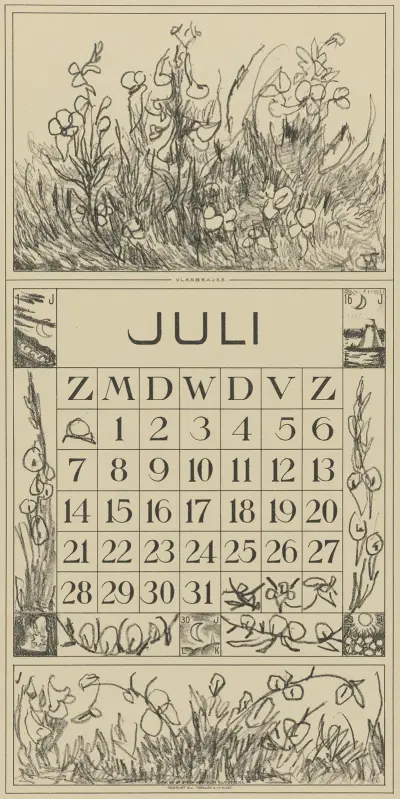 Kalenderblad juli med vlasblomster av Theo van Hoytema