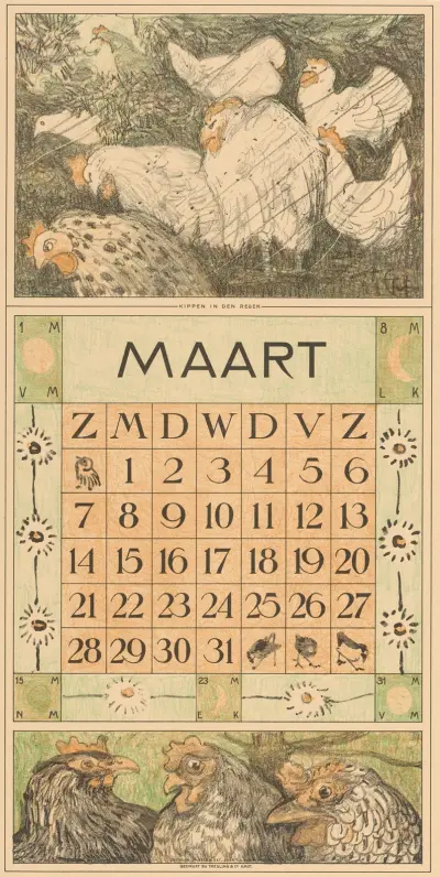 Kalenderblad mars med höns i regnet av Theo van Hoytema