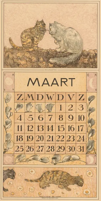 Kartka kalendarzowa – marzec z dwoma kotami, Theo van Hoytema