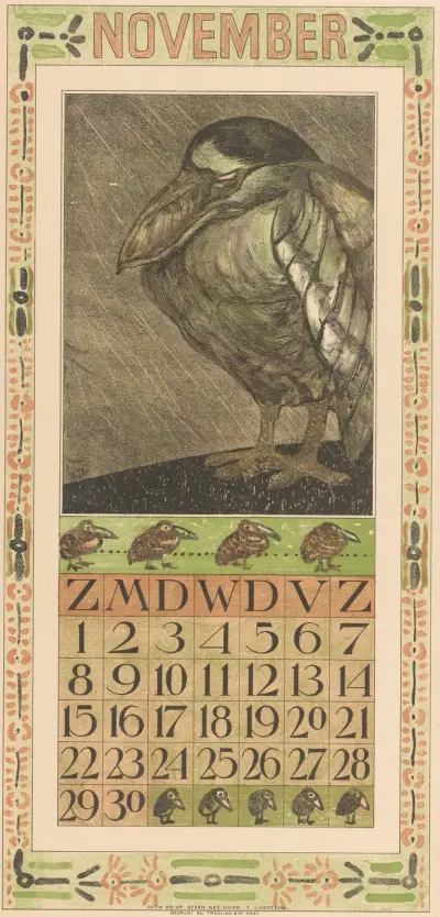 Kalenderblatt November mit Vogel im Regen von Theo van Hoytema