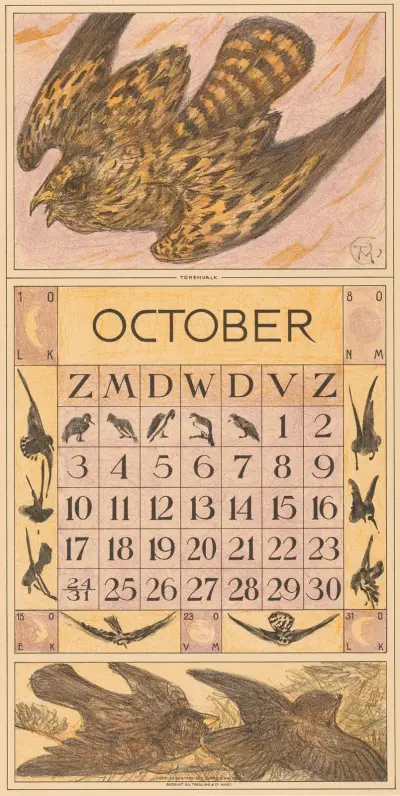 Oktober-Kalenderblatt mit Turmfalke von Theo van Hoytema