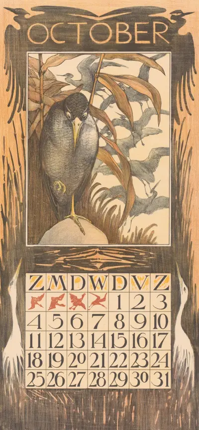 Oktober-Kalenderblatt mit einem Vogel auf einem Bein von Theo van Hoytema