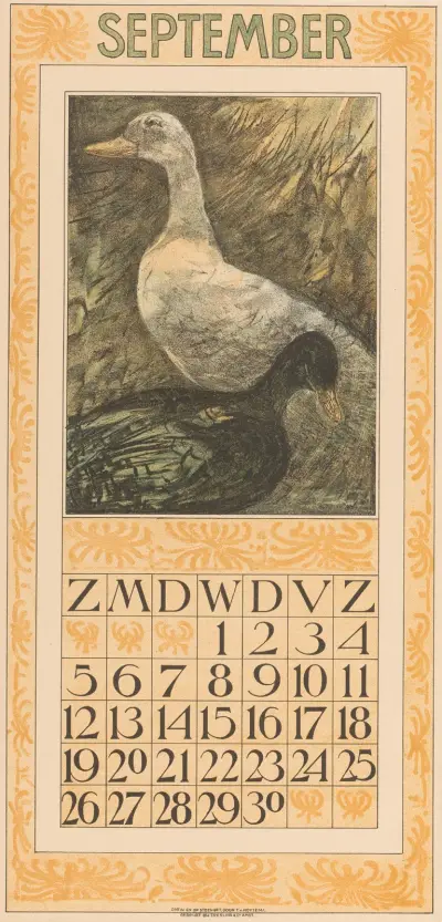 September-Kalenderblatt mit zwei stehenden Enten von Theo van Hoytema